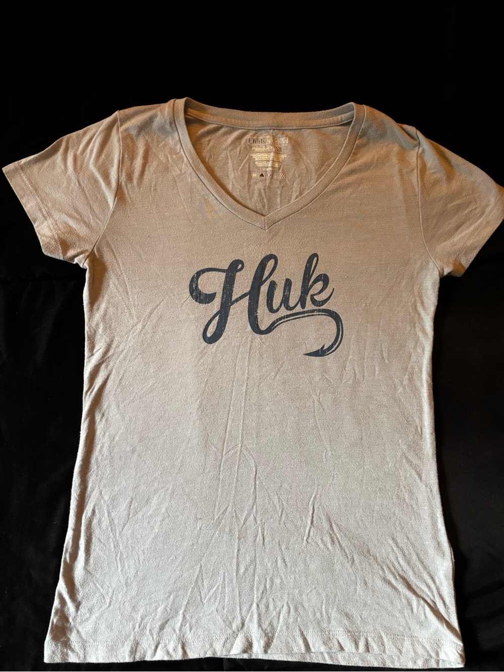 Huk Light Gray V-Neck Tee with Navy Script Logo